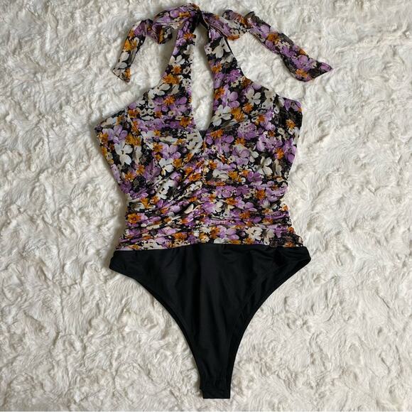 Lulu's Women's Blossoming Perfection Floral Mesh Cutout Halter Bodysuit Medium - Picture 6 of 13